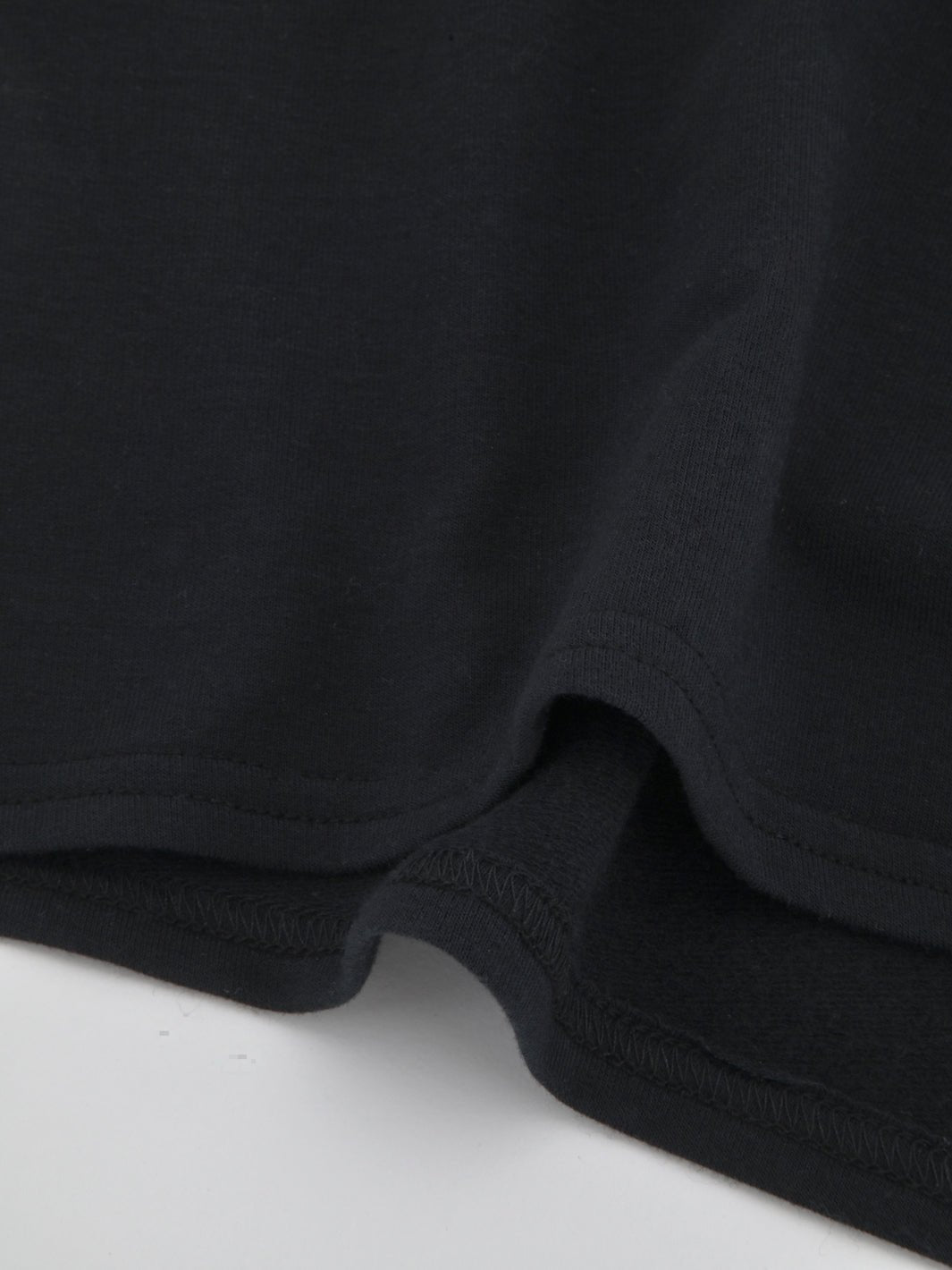 Black sweatshorts close-up of cuff hem and stitched seam