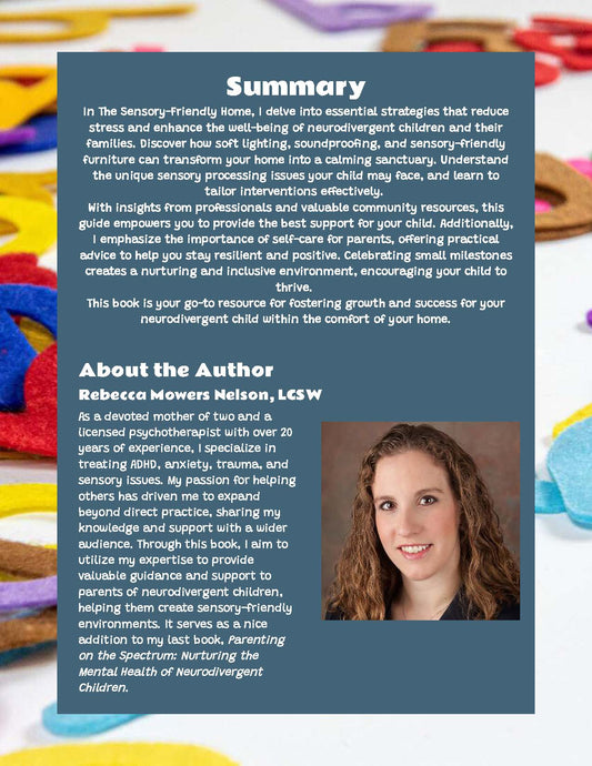 Sensory-friendly home e-book back cover with summary text block and author headshot