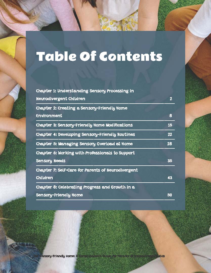 Sensory-friendly home e-book page with Table of Contents heading and chapter list