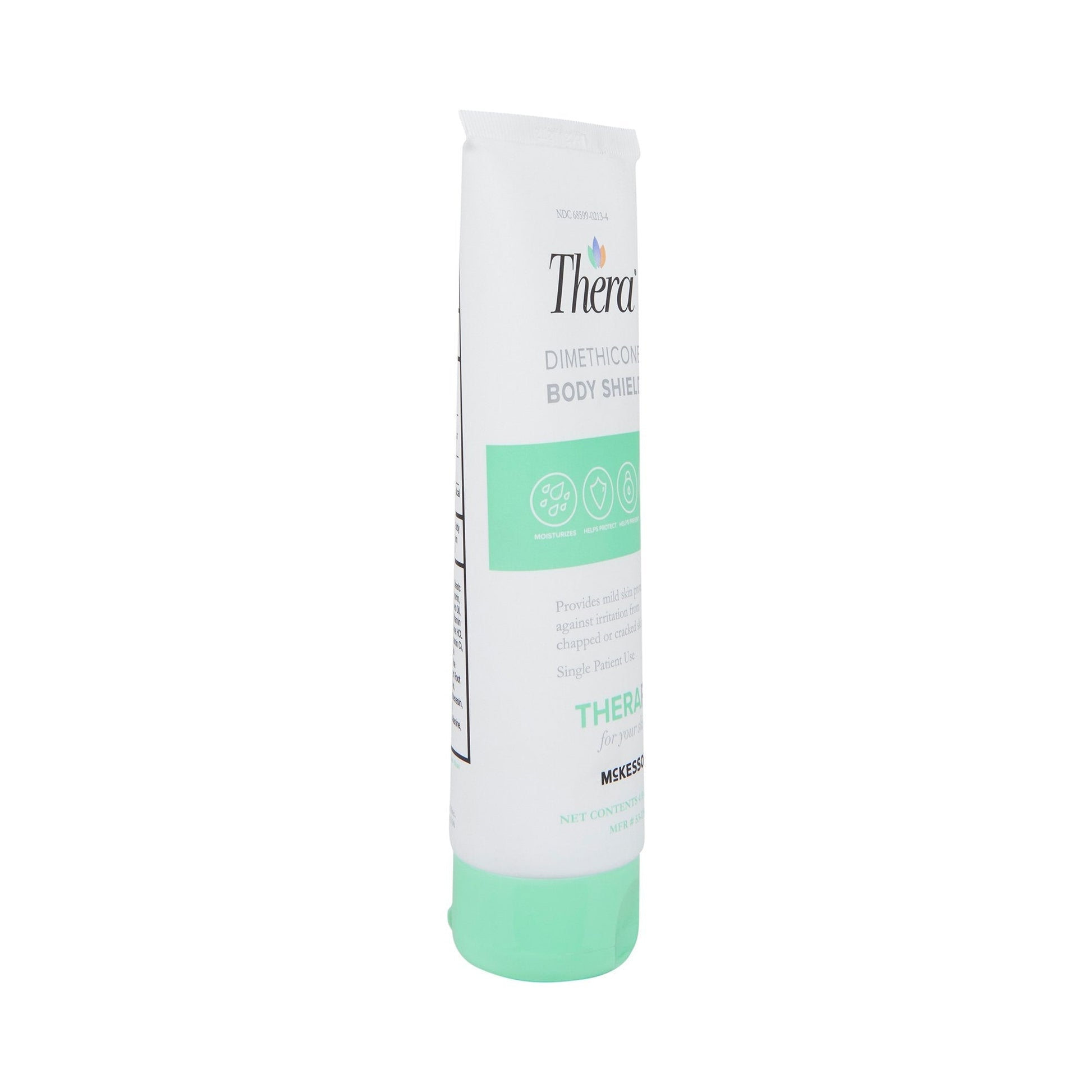 Thera dimethicone body shield tube, side view with green bottom and label