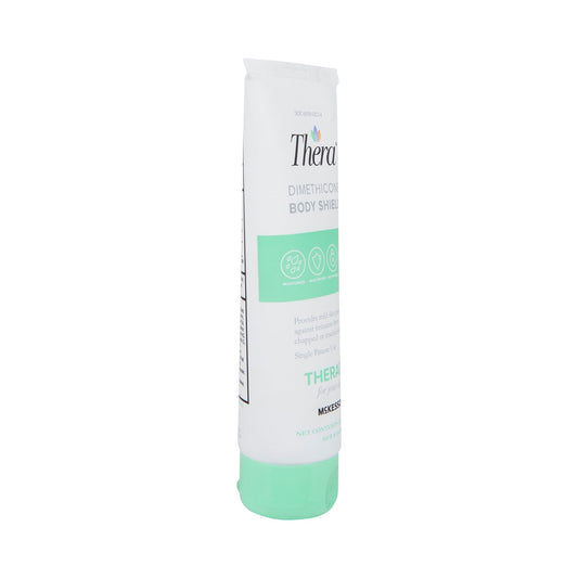 Thera dimethicone body shield tube, side view with green bottom and label