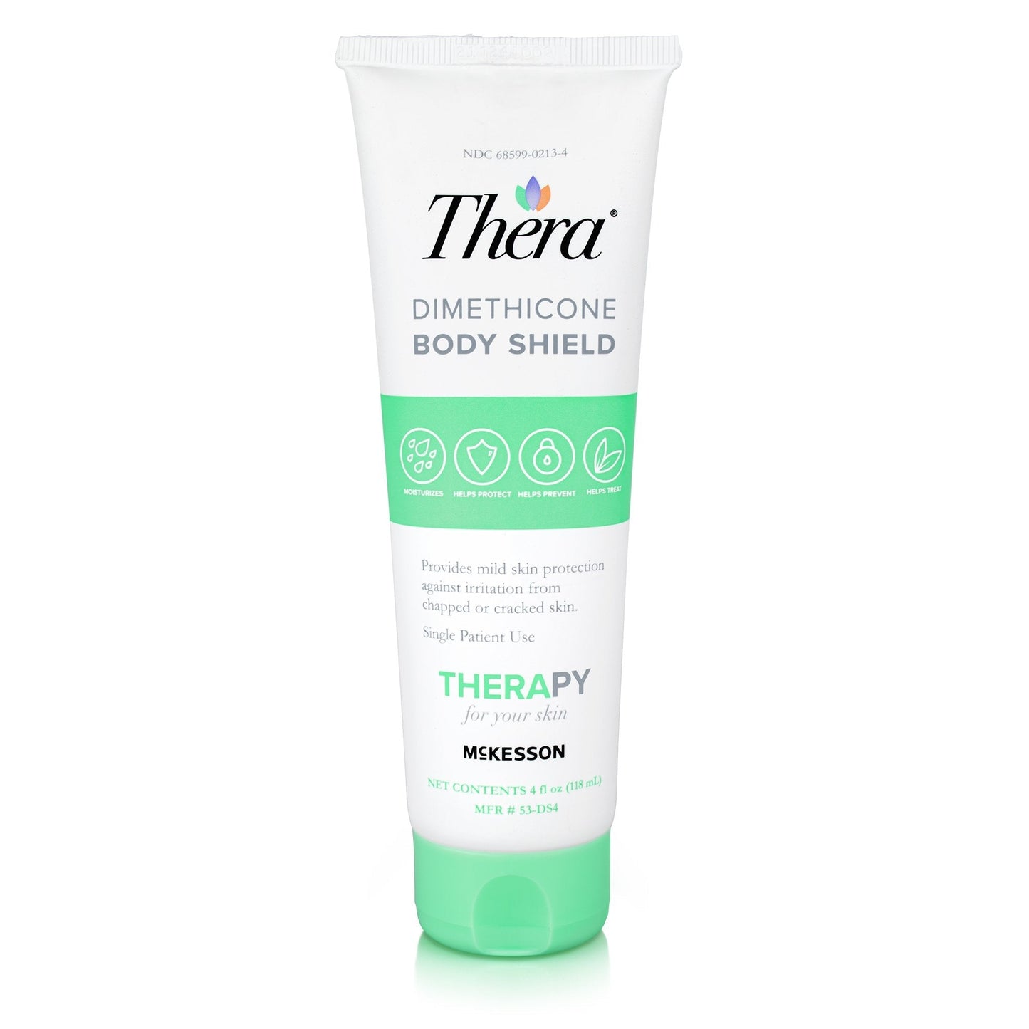 Thera dimethicone body shield lotion tube, white with green base, front label