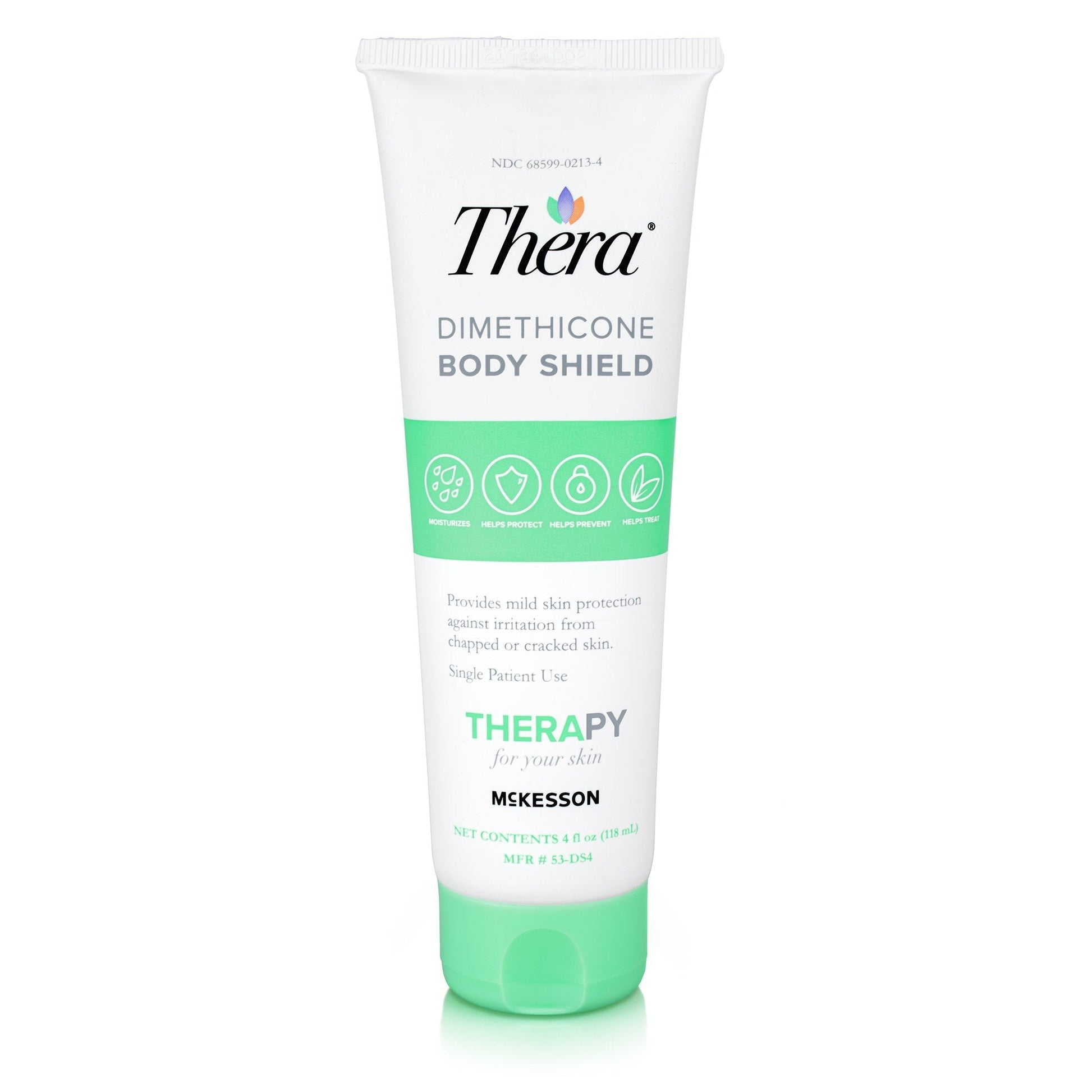 Thera dimethicone body shield lotion tube, white with green base, front label