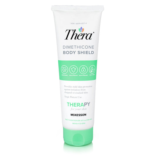 Thera dimethicone body shield lotion tube, white with green base, front label