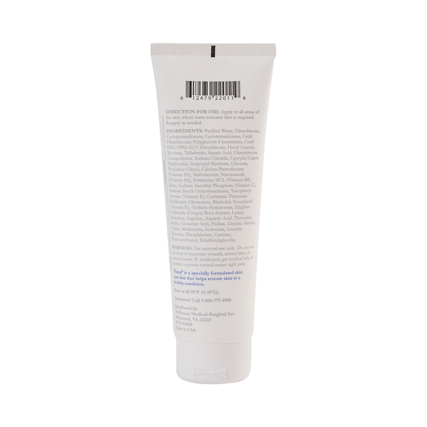 Thera Silicone Skin Guard unscented, 4 oz tube back panel with ingredients and directions