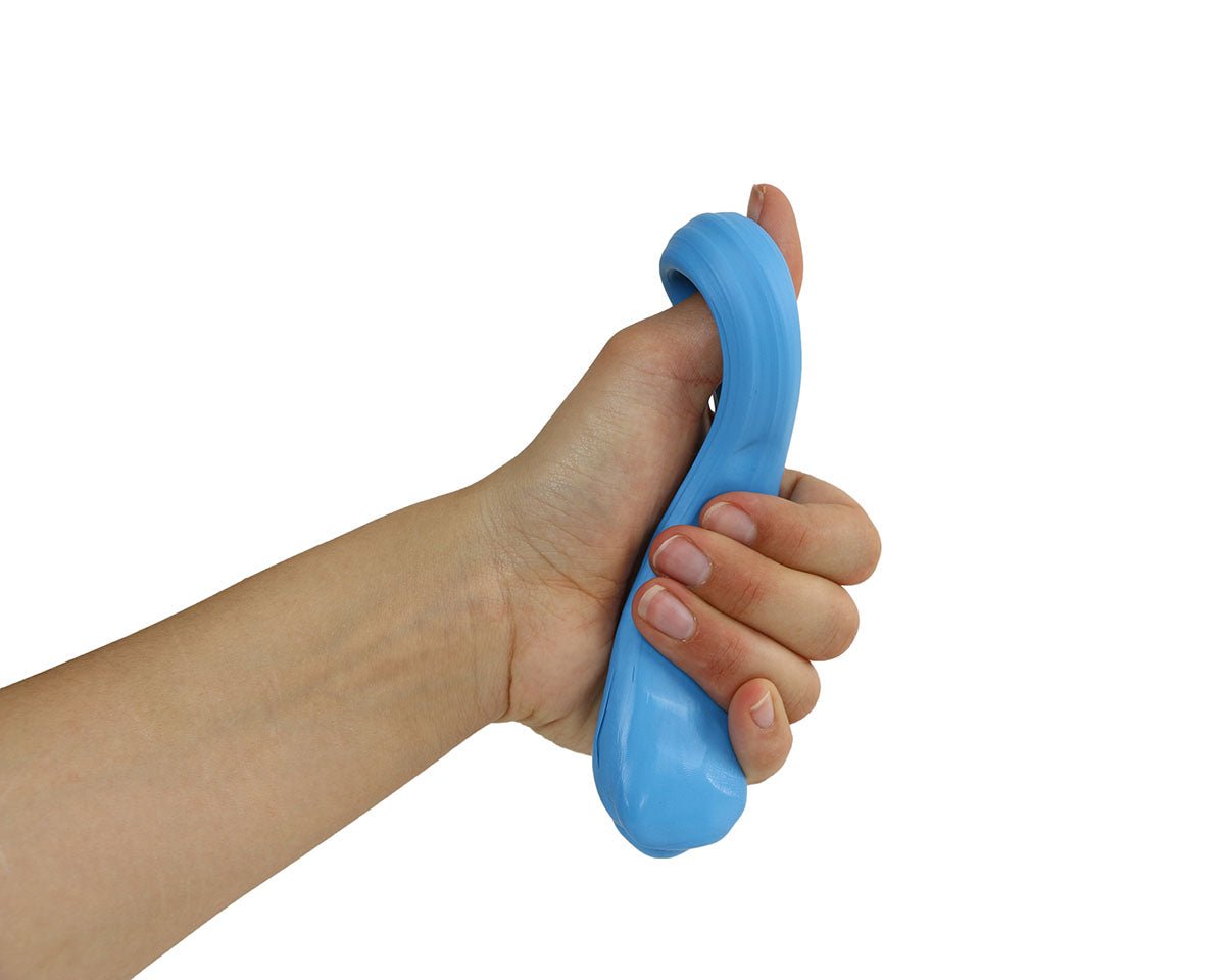 Theraputty gripping and pulling, blue stretchable putty held between hands