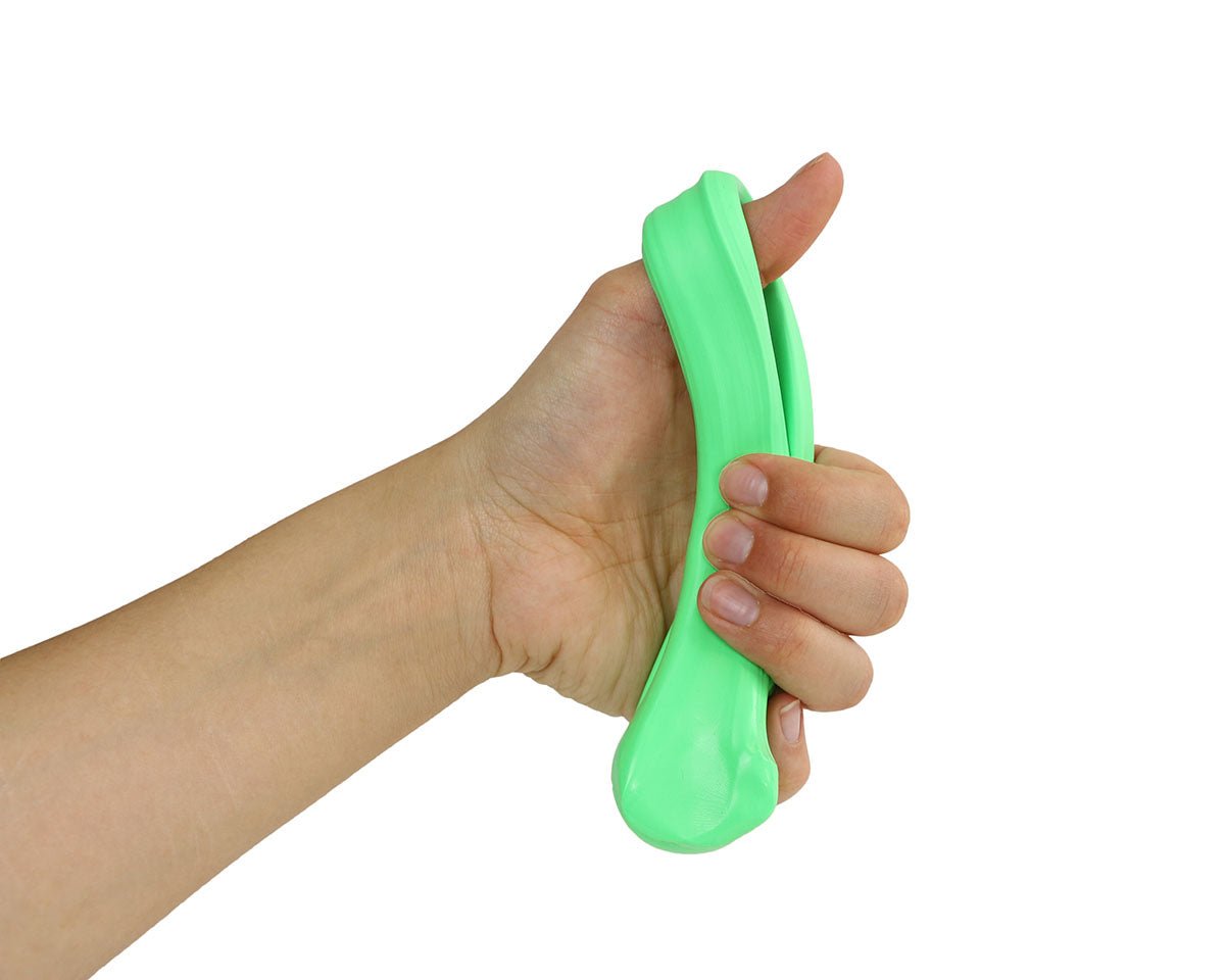 Theraputty stretching technique, bright green putty held between fingers