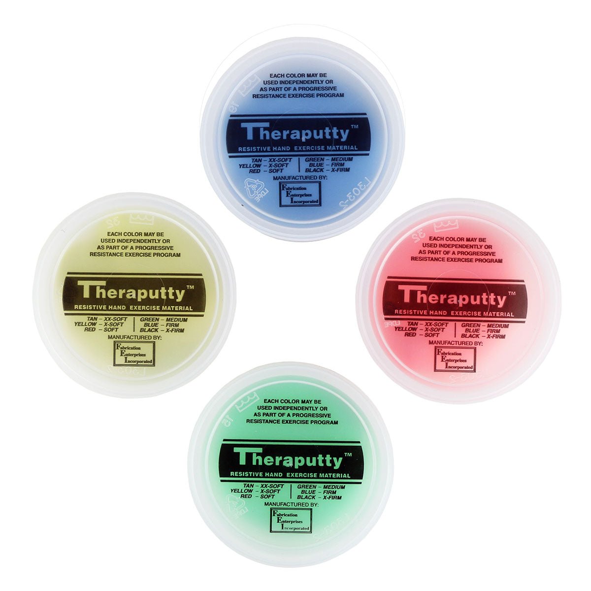Assorted Theraputty resistance tubs with tan, yellow, green, blue, and red labels.