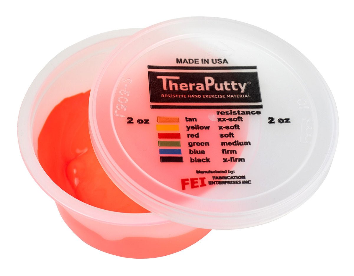 Red resistance Theraputty hand exercise putty in 2 oz tub.