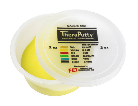 Yellow Theraputty resistance hand exercise material, 2 oz tub.
