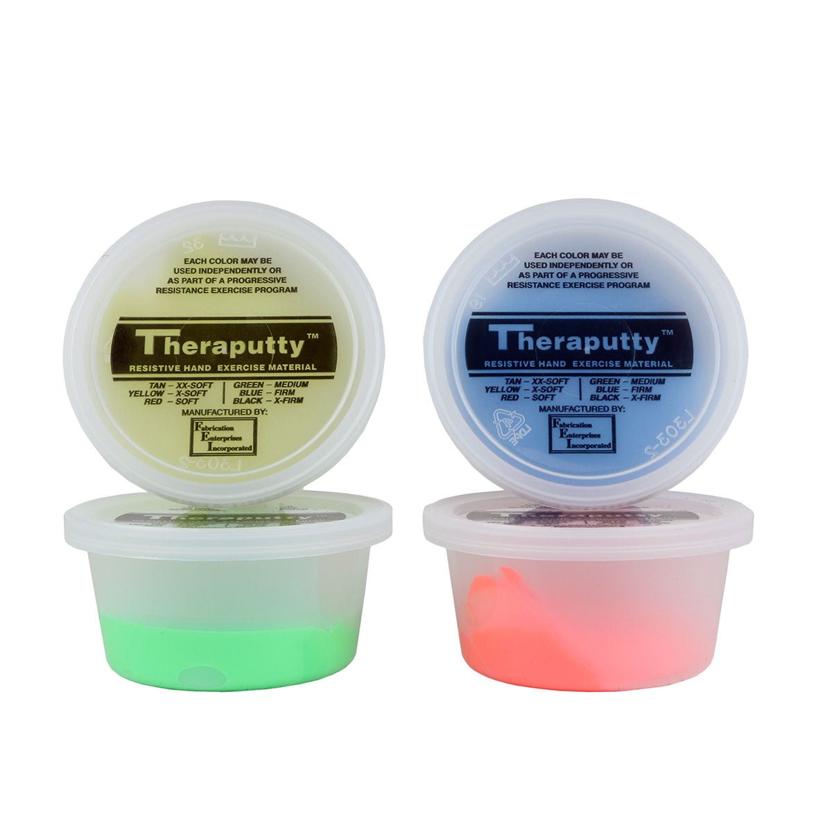 Two Theraputty tubs: green putty and orange-red putty, each 2 oz.