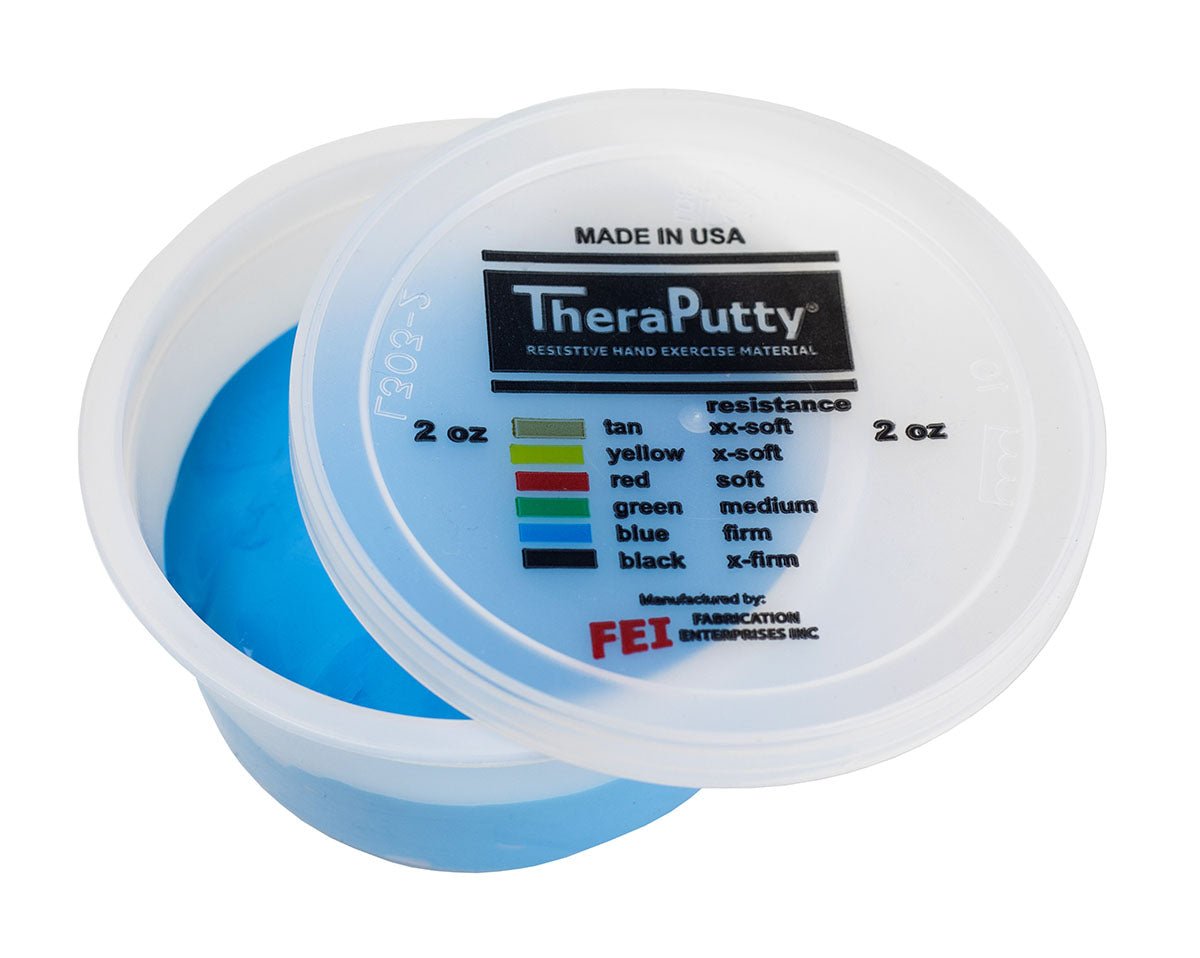 Blue Theraputty resistance hand exercise putty in 2 oz tub.