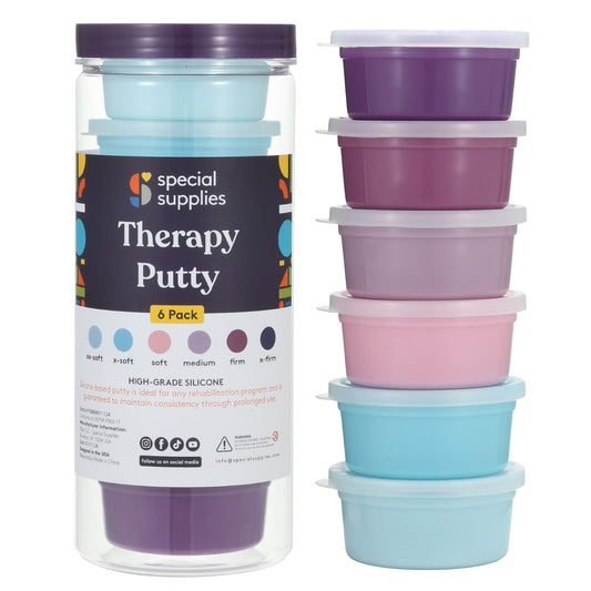 Therapy putty set of six cups: purple, blue, pink, and lavender putty