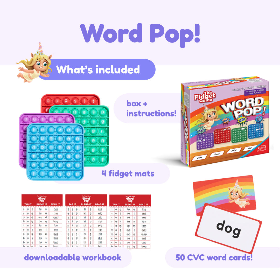Reading learning bundle includes four fidget pop mats, word card decks, and game box