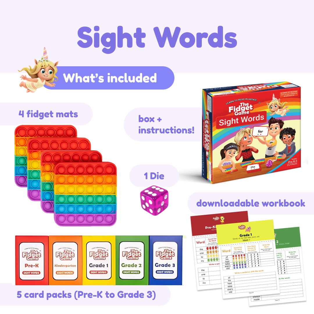 Sight Words game set with four fidget mats, a die, and word card packs