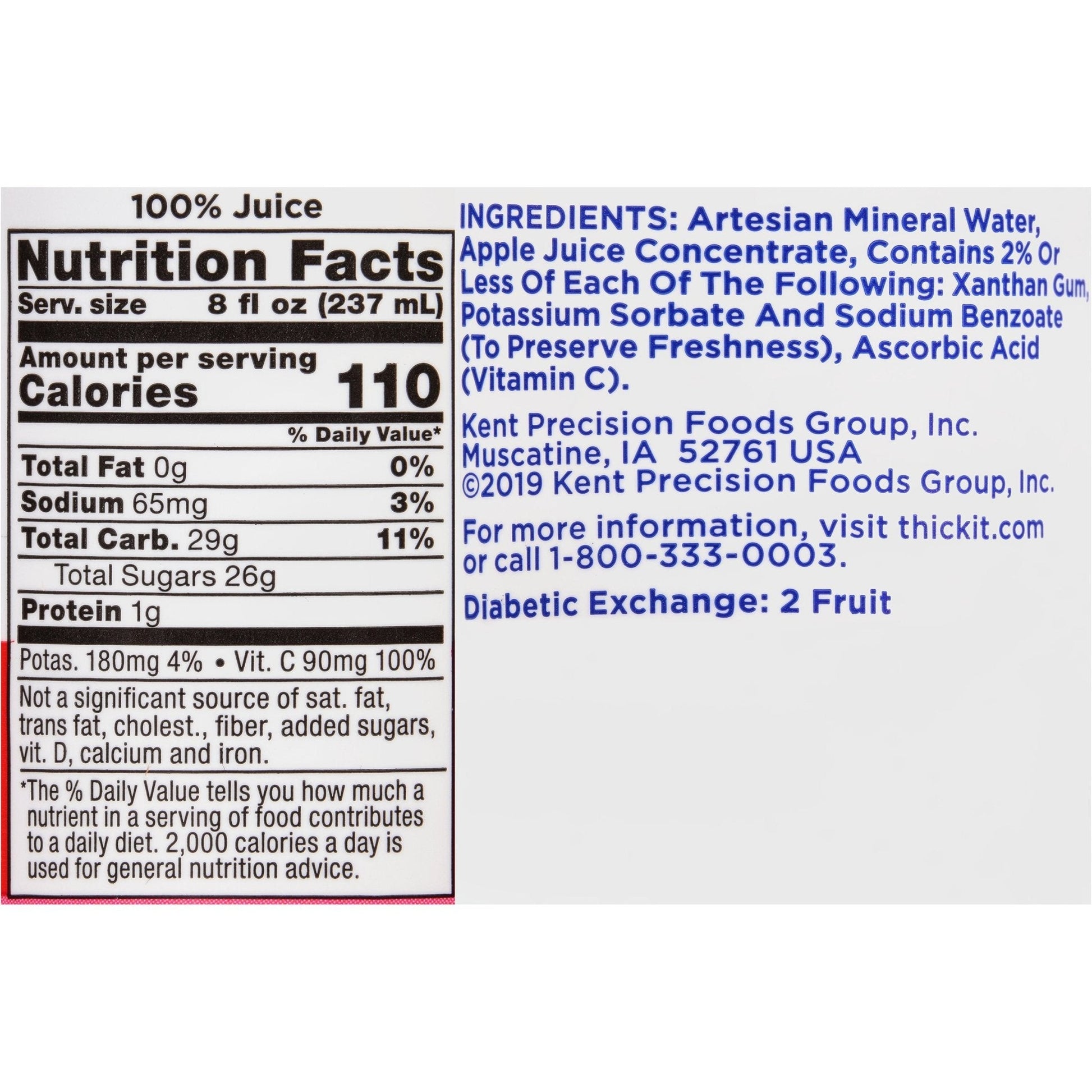 Nutrition Facts panel for thickened apple juice, 8 fl oz (237 mL)
