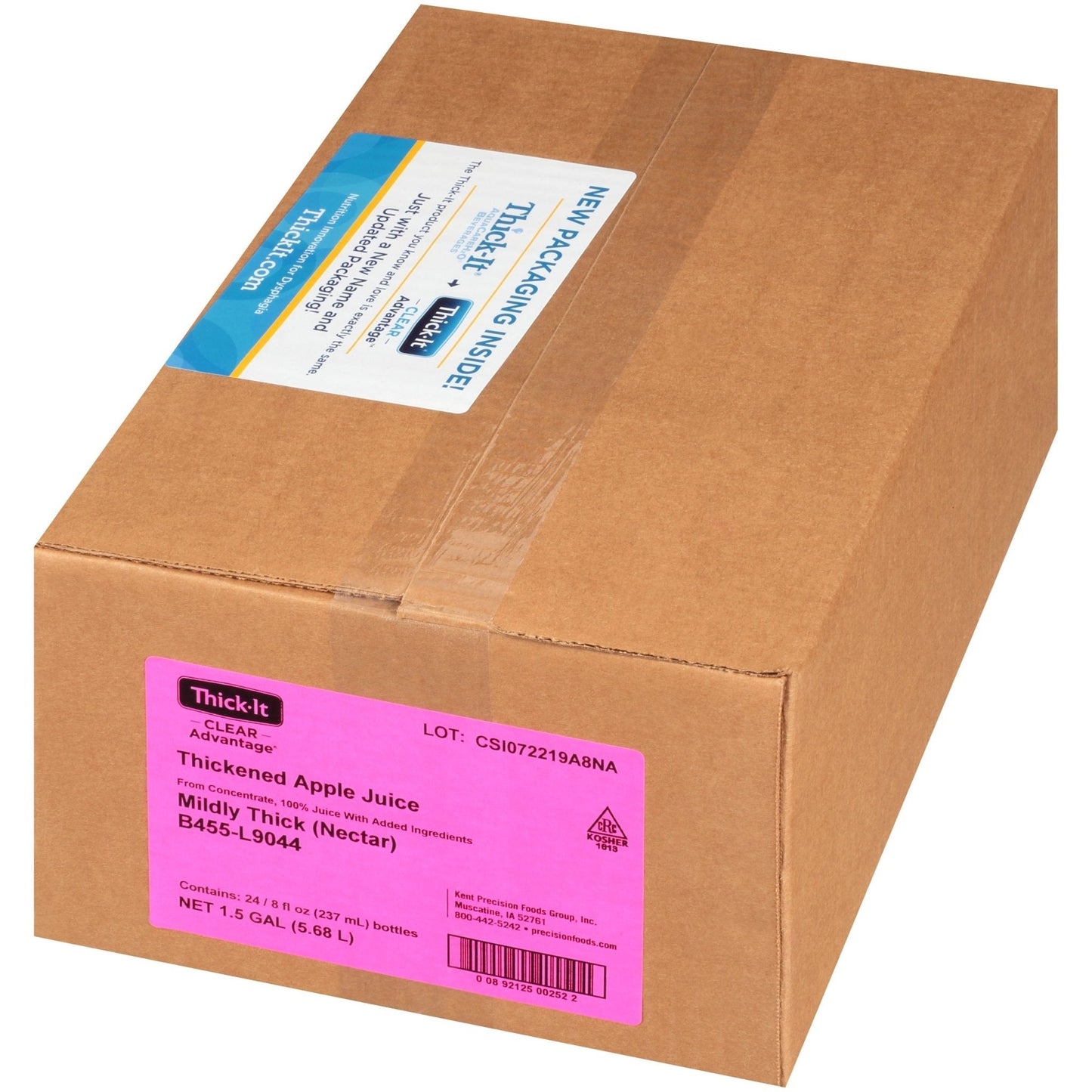 Carton box labeled for Thick-It thickened apple juice, 24 x 8 fl oz bottles
