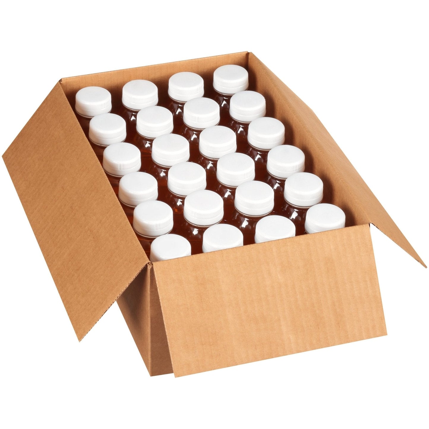 Open case with multiple thickened apple juice bottles and white caps