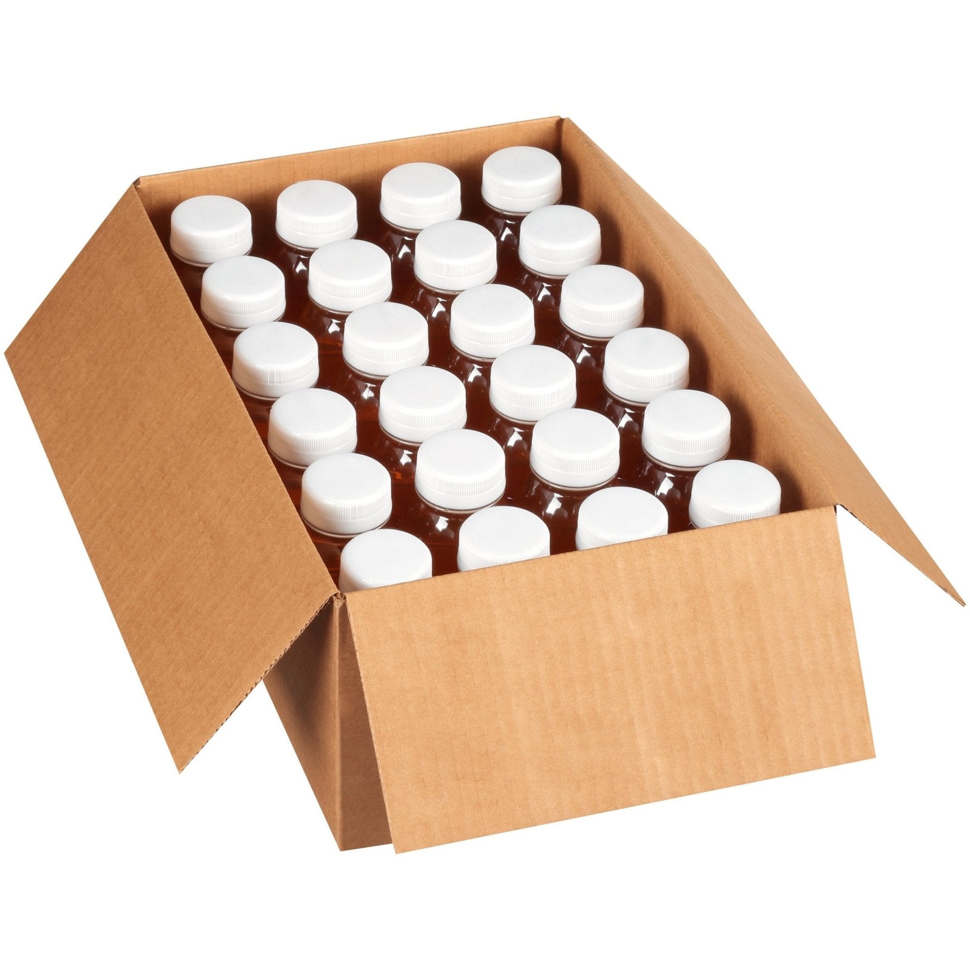 Open case with multiple thickened apple juice bottles and white caps