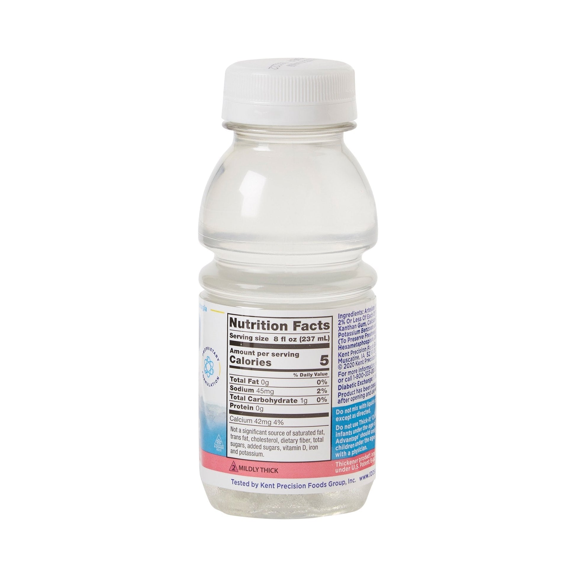 Nutrition facts panel on mildly thick nectar water bottle, 8 fl oz (237 mL)