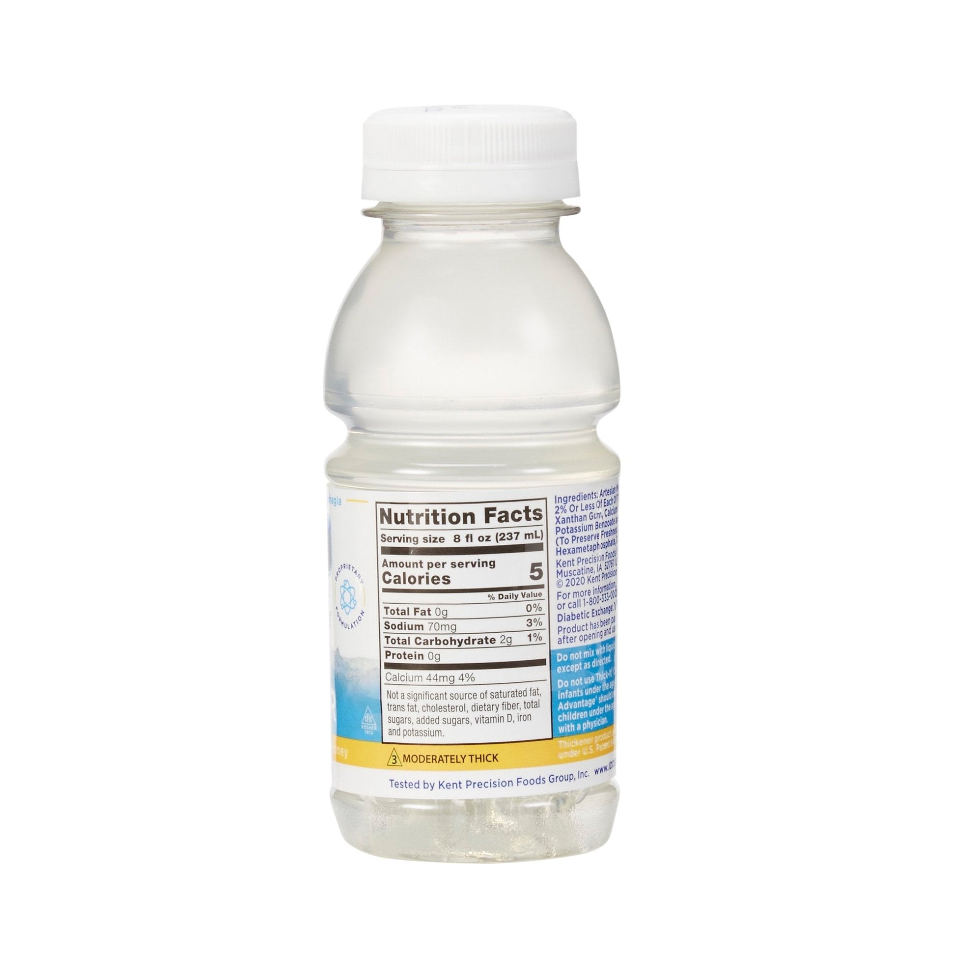 Nutrition facts panel for thickened water, honey consistency 8 fl oz bottle