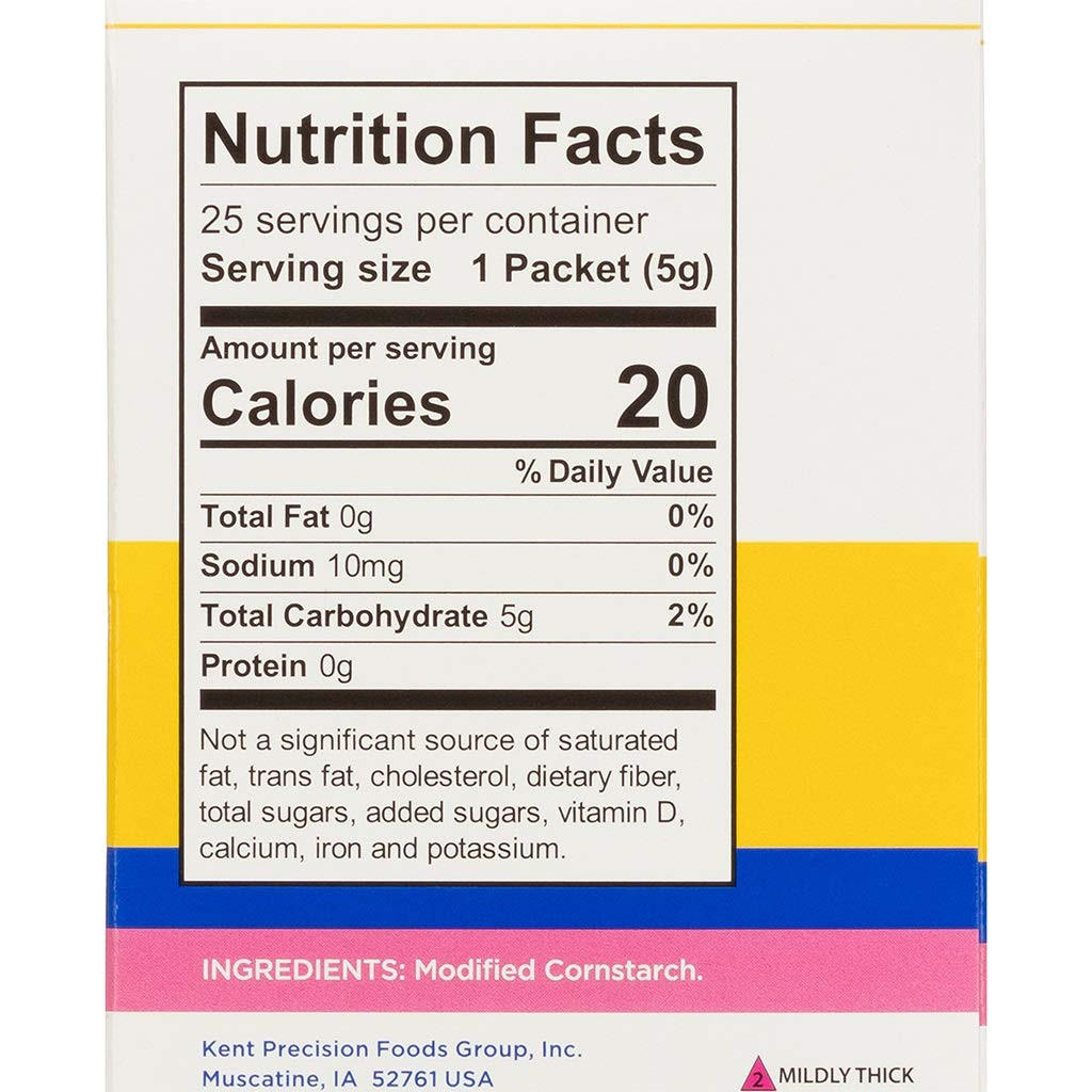 Nutrition facts panel for Thick-It Original thickener packets; 1 packet, 20 calories; mildly thick