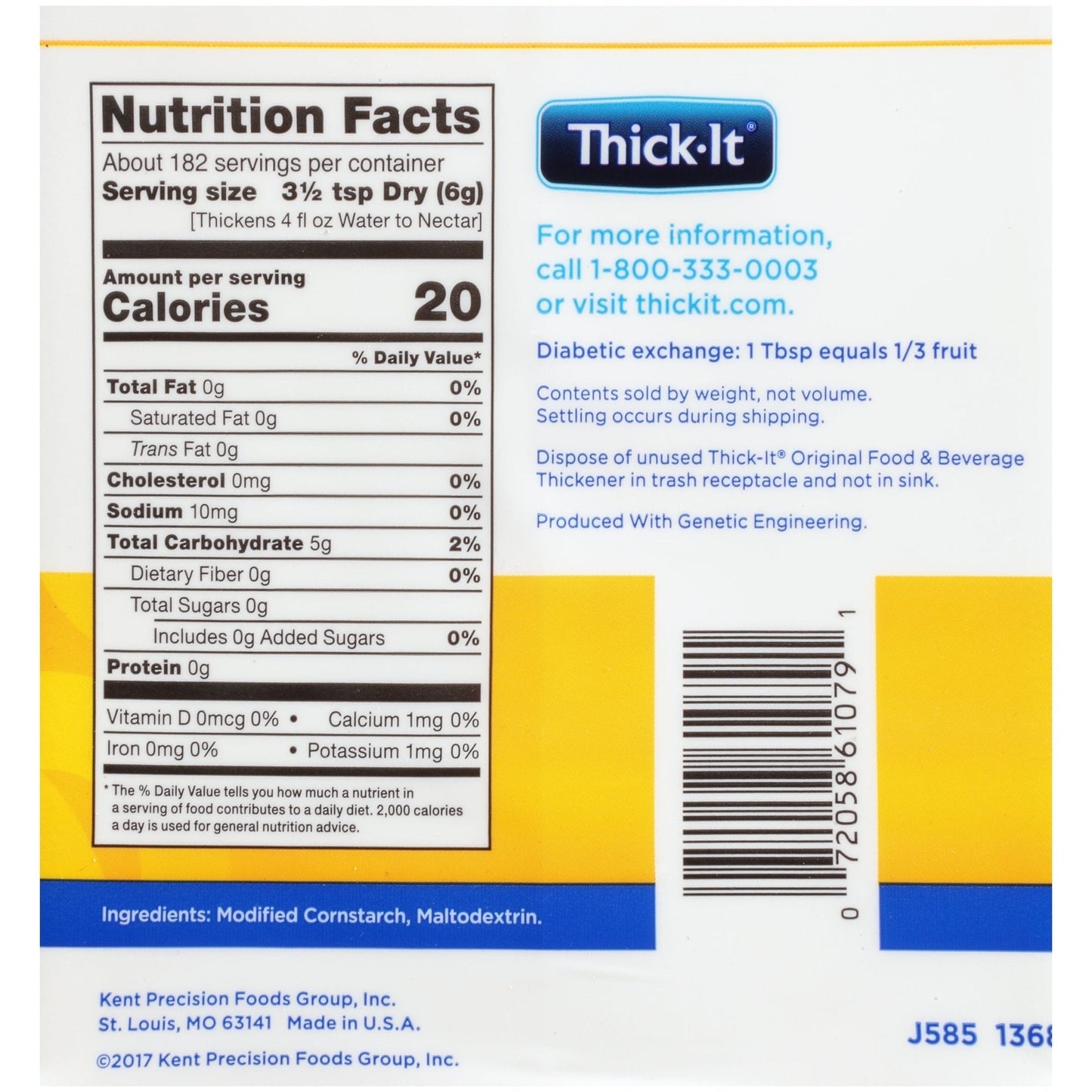 Nutrition Facts and barcode for Thick-It Original thickener, ingredients listed
