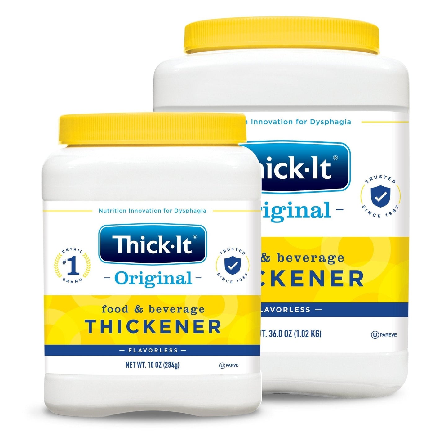 Thick-It Original food & beverage thickener jars, 10 oz and 36 oz, yellow lids