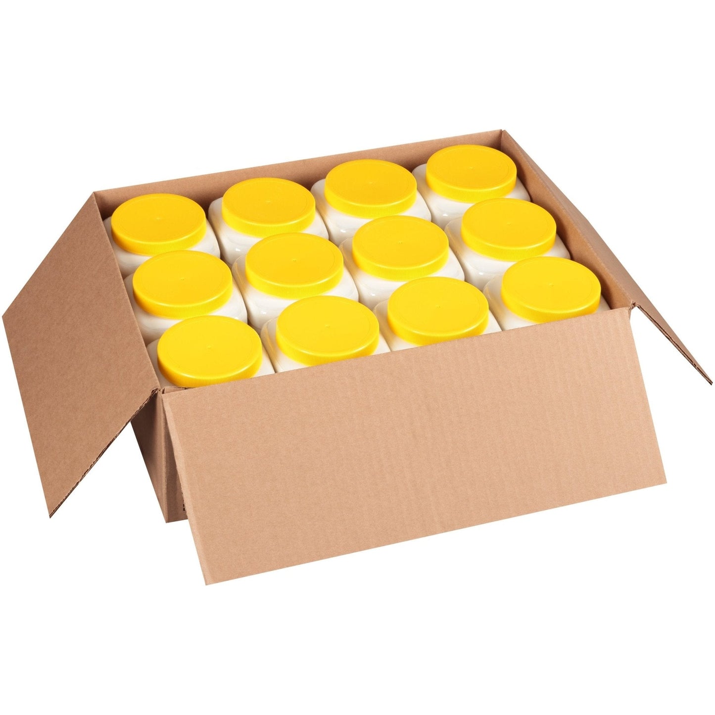 Case pack of Thick-It Original thickener jars with yellow lids in cardboard tray
