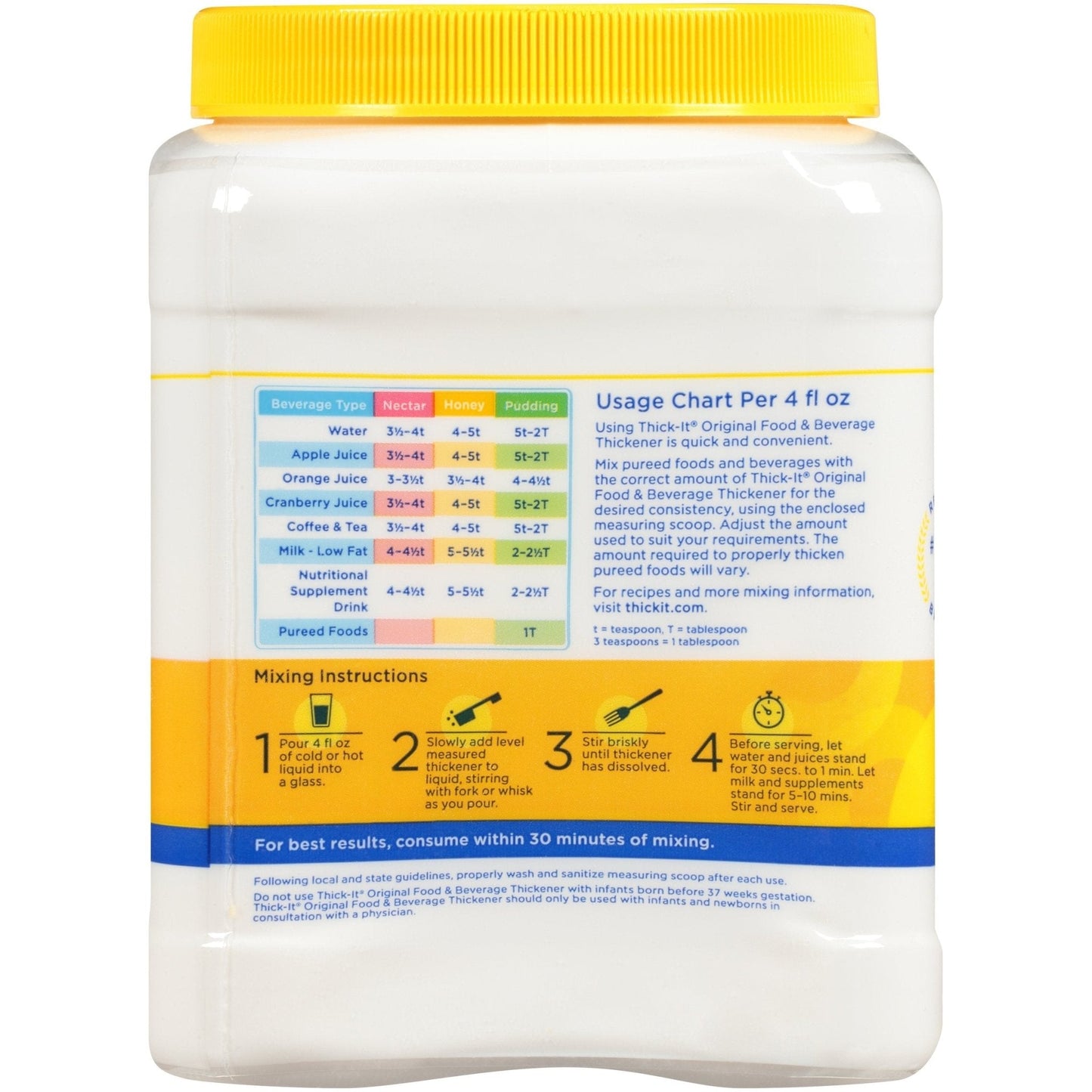 Thick-It Original thickener back label with usage chart and mixing instructions