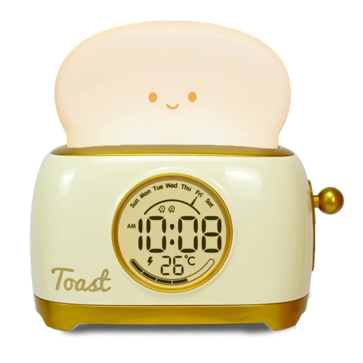 Cream toaster night light alarm clock with glowing lid and round digital display