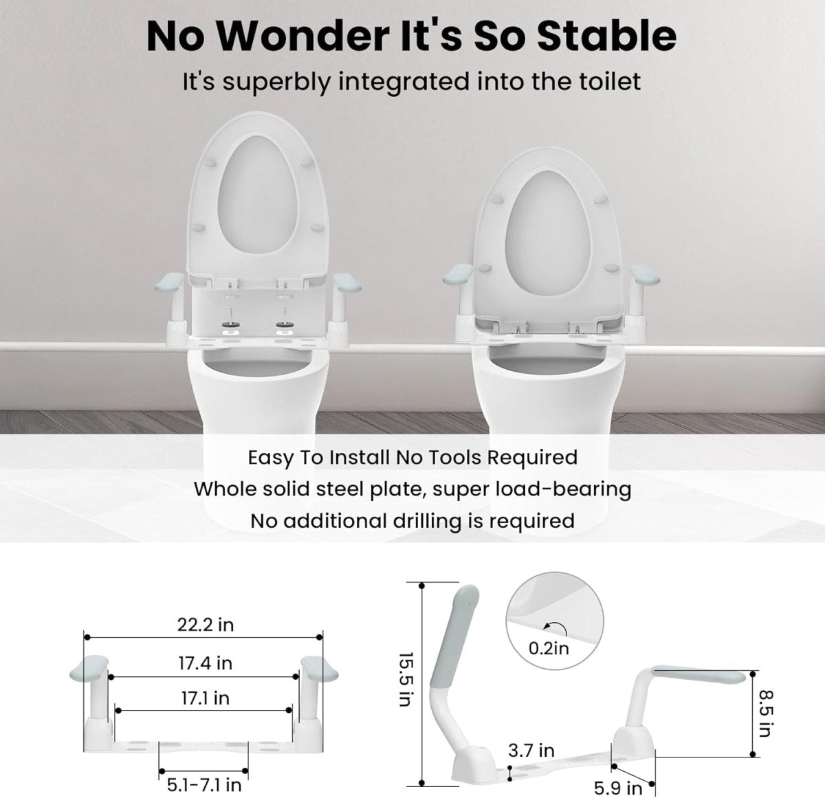 Toilet safety rails integrated into the toilet seat with steady armrest supports