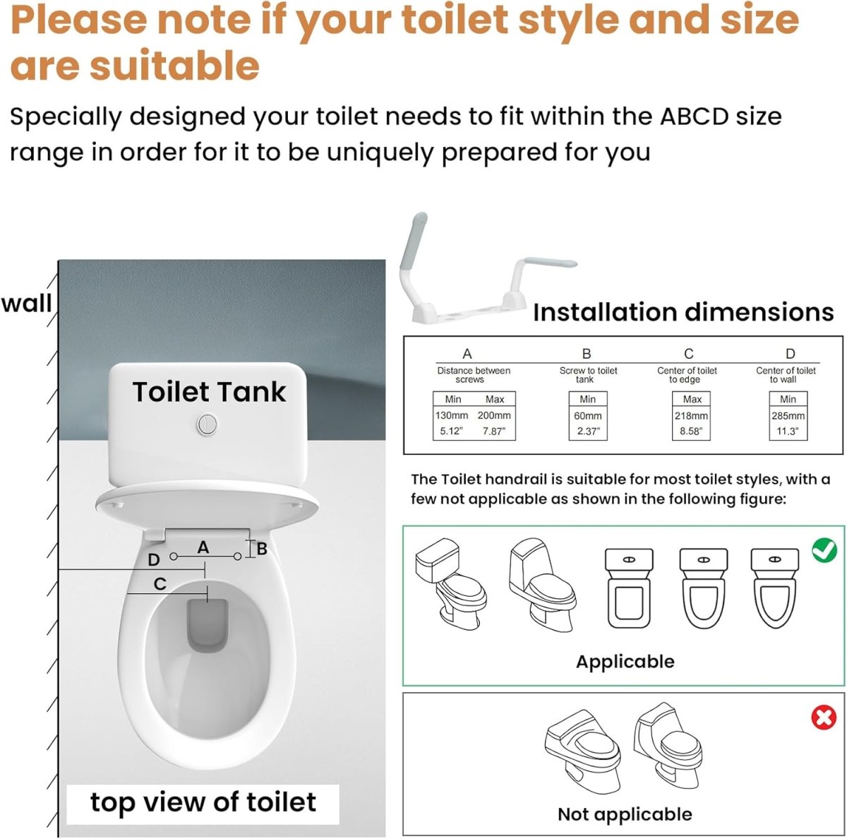Toilet handrail placement and fit diagram with adjustable mounting reference points