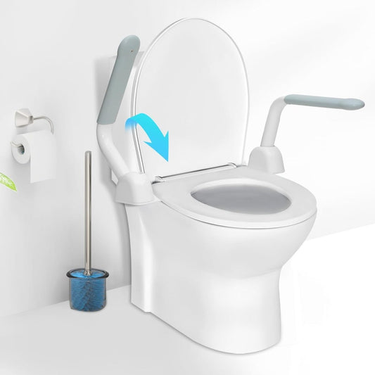 Toilet safety rails with padded armrests, attached to toilet for easier standing