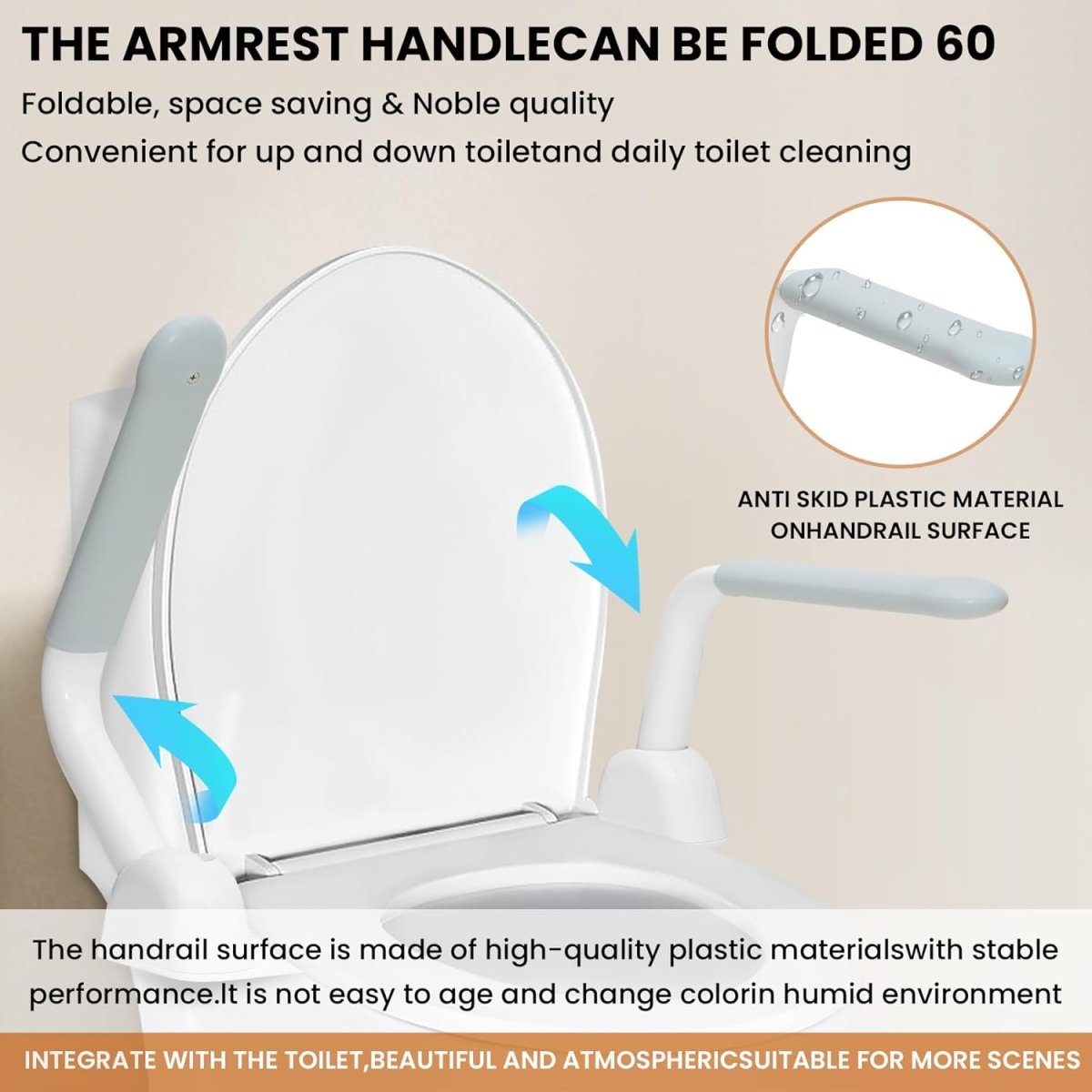 Foldable toilet safety handrail with padded armrest and textured anti-slip grip