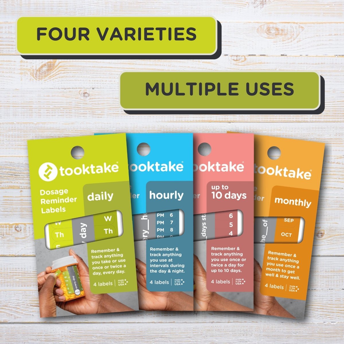 Medication tracking stickers, four varieties: daily, hourly, up to 10 days, monthly labels