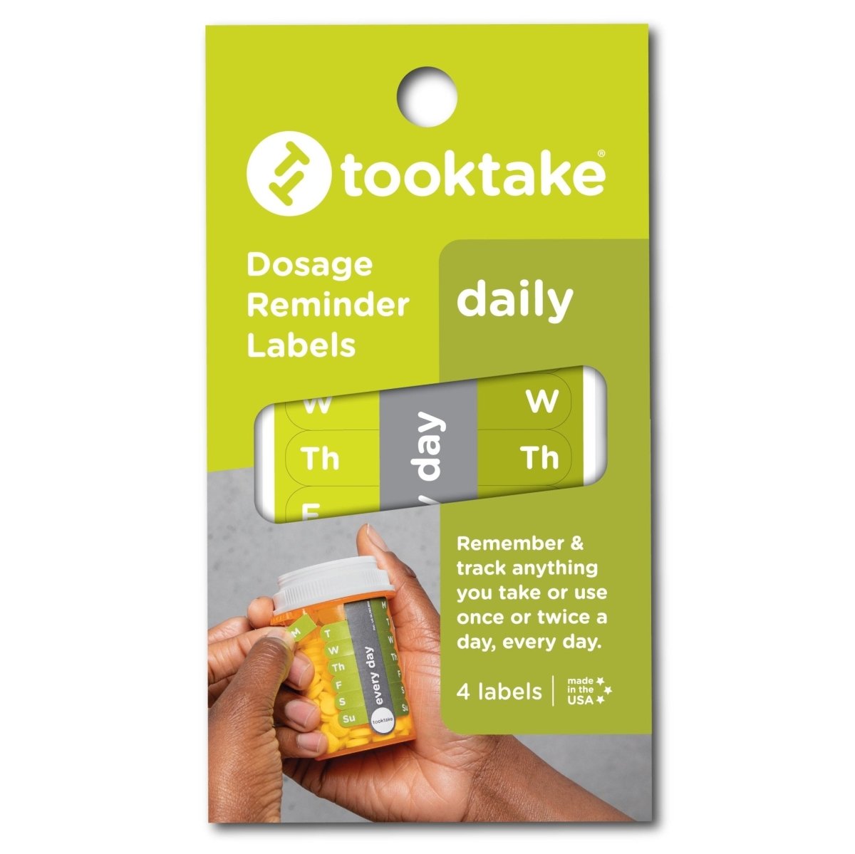 Dosage reminder labels, daily set with day-of-week tabs and a weekly strip