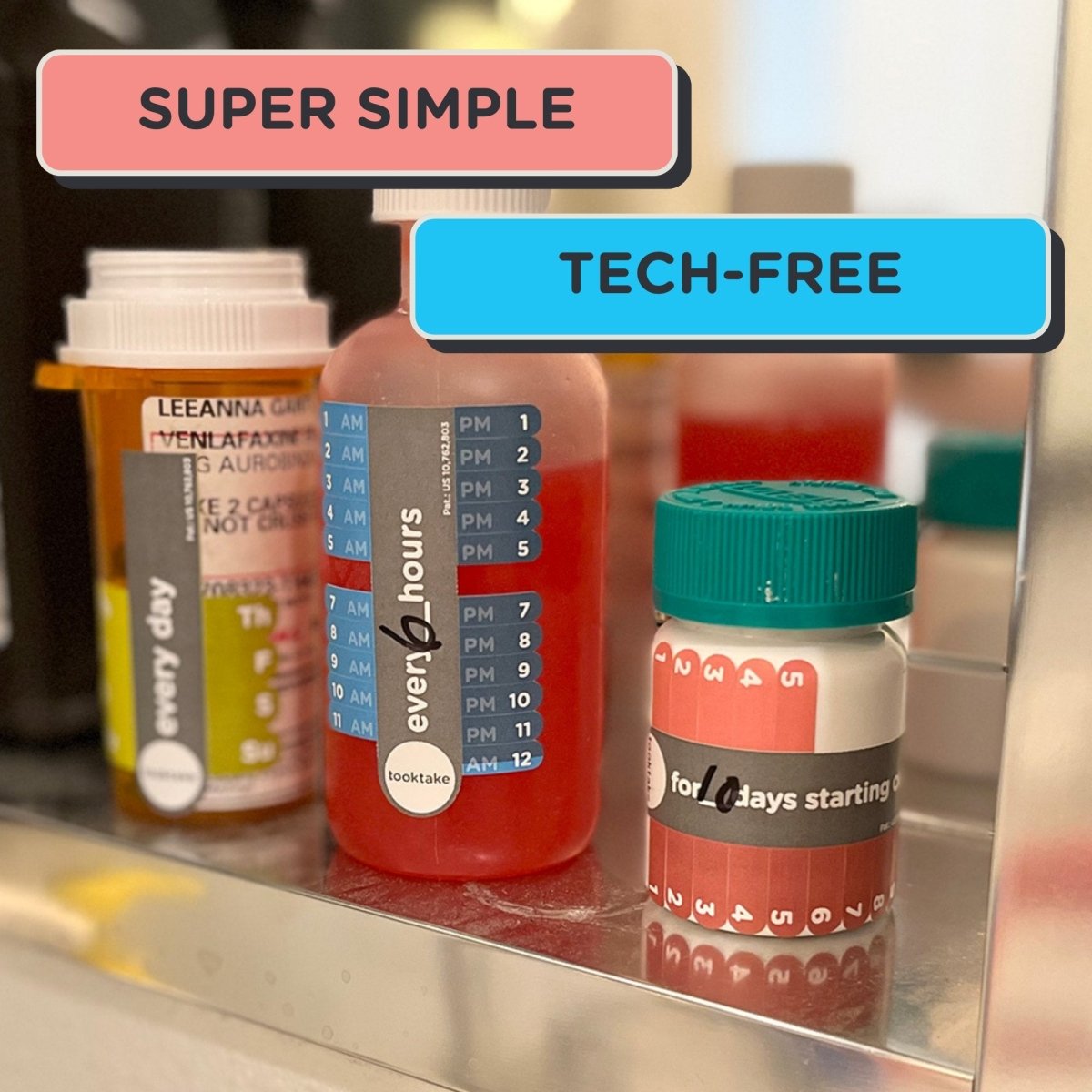 Medication dosage reminder labels on supplement bottles with AM/PM and days reminders