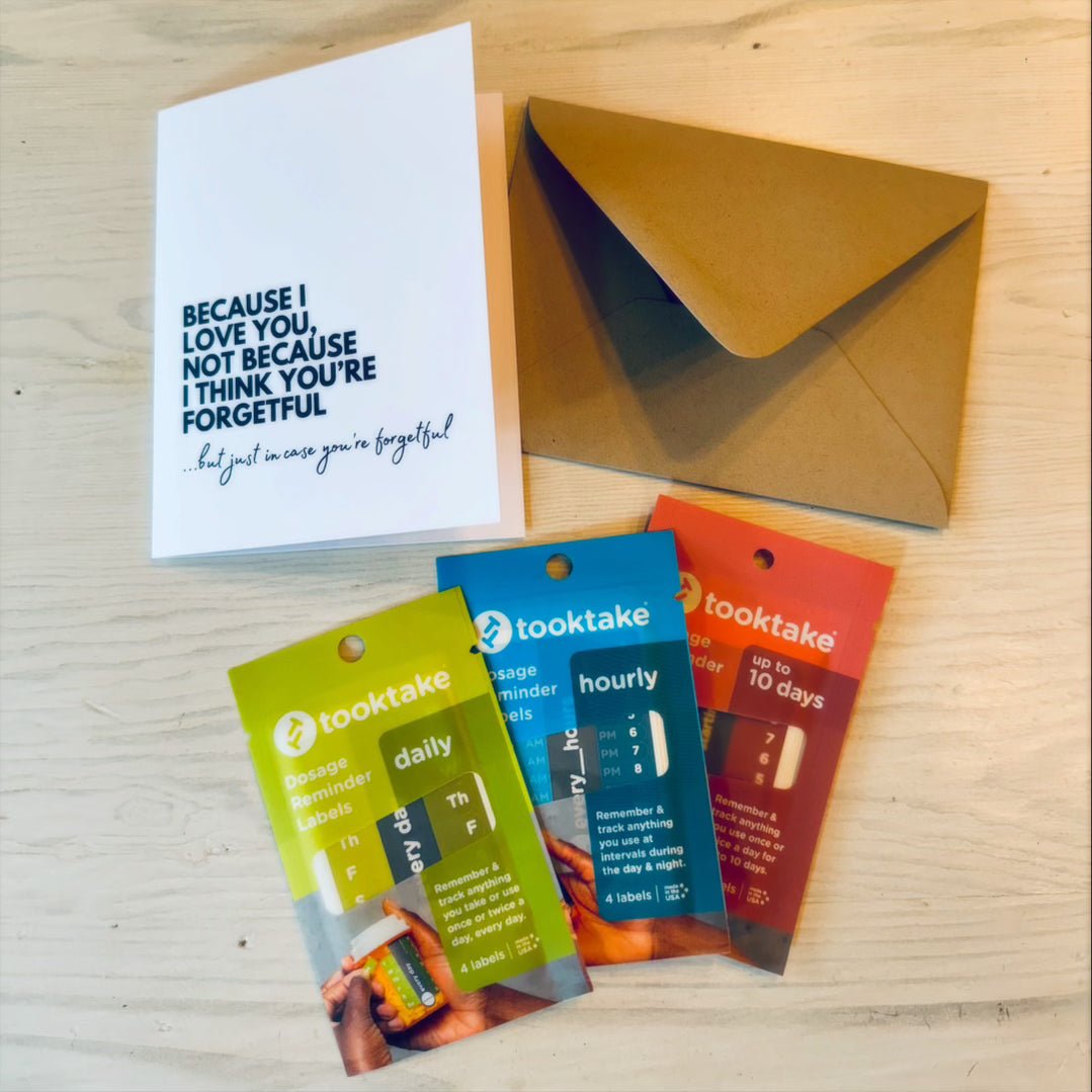 Medication reminder label packs laid out: daily, hourly, up to 10 days, monthly