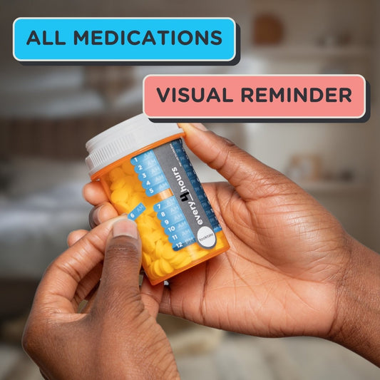 Hourly dosage reminder labels pack held in hand for tracking medication times