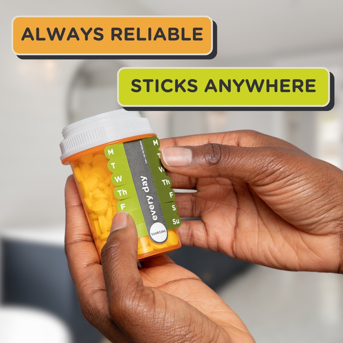 Dosage reminder label stickers on a small bottle; easy stick-anywhere design