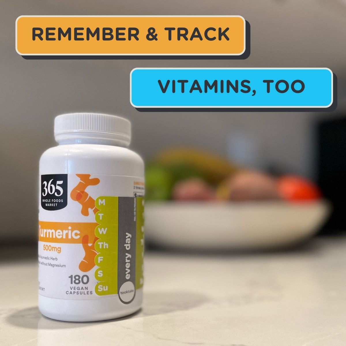 Daily dosage reminder label on a white supplement bottle for vitamins and tracking