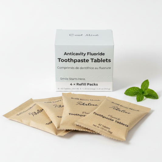Fluoride toothpaste tablets box with tan refill pouches and fresh mint leaves