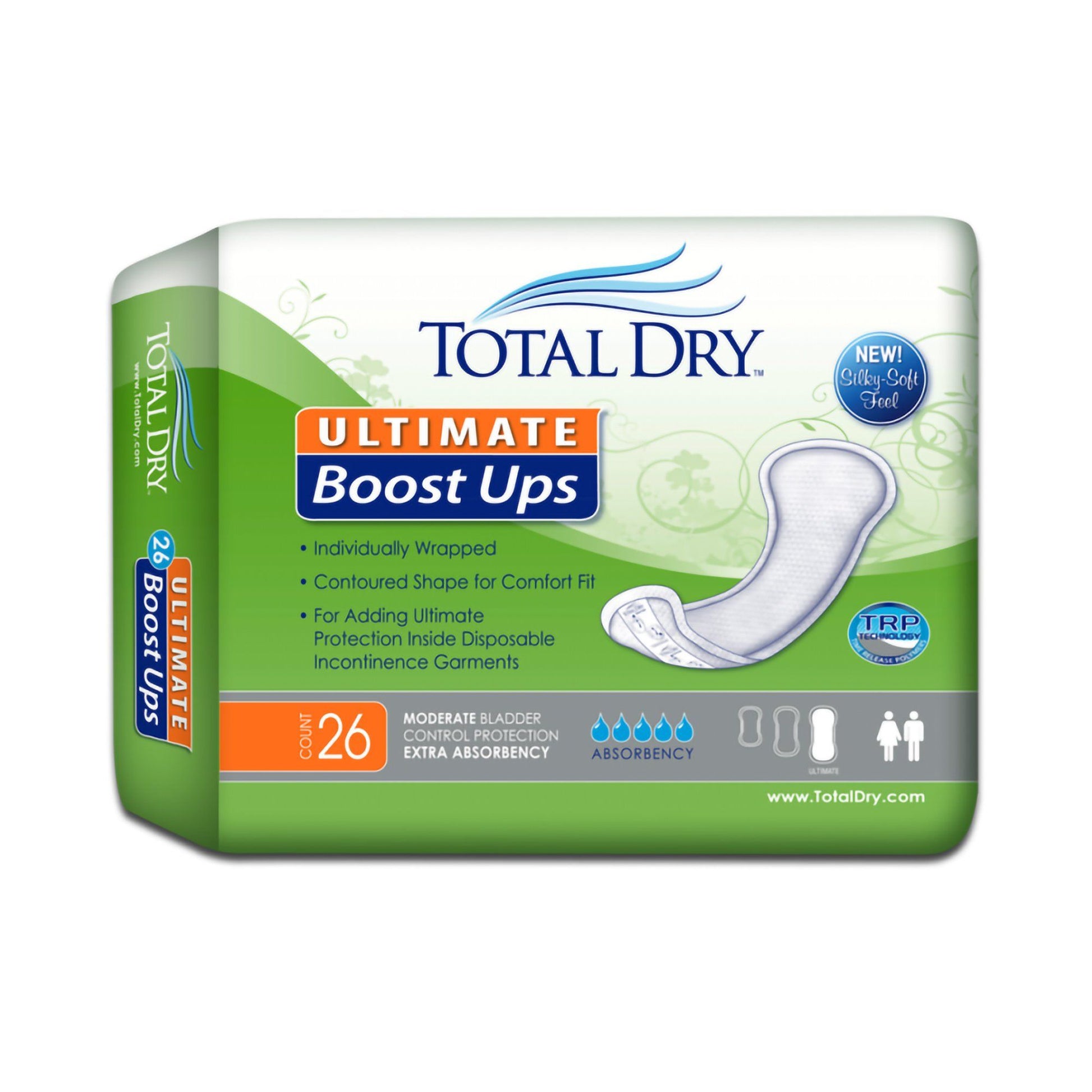 TotalDry Ultimate Boost Ups booster pads, pack of 26, individually wrapped, moderate bladder