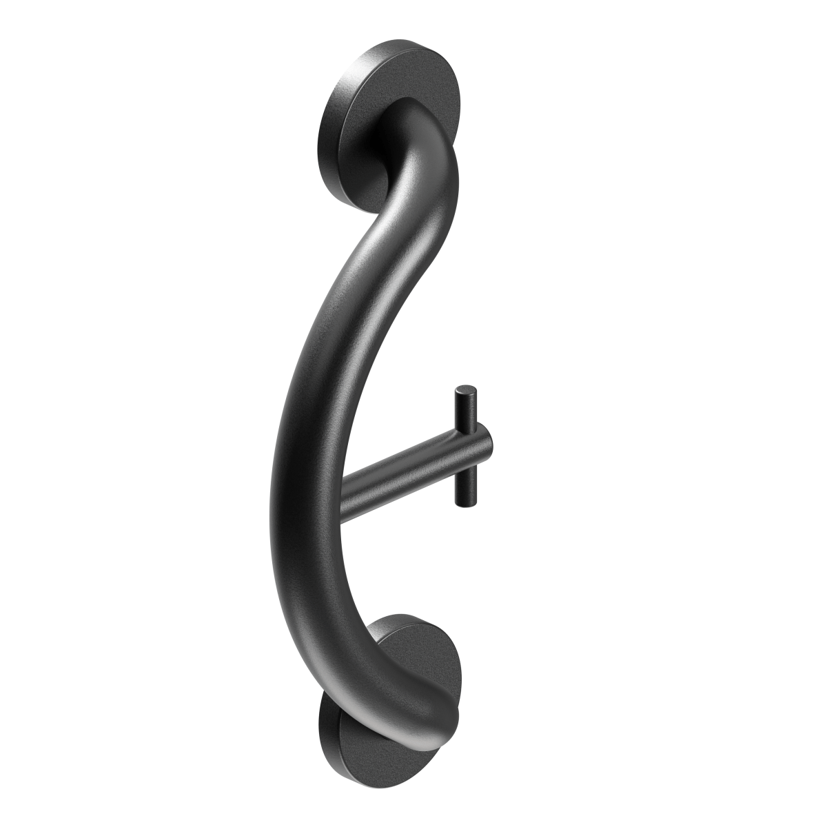 Curved towel and robe hook in black finish with two round wall-mount plates