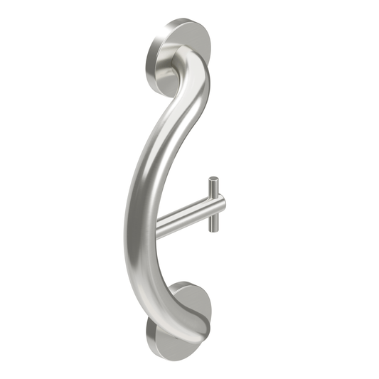Curved towel and robe hook, brushed metal finish, with two wall-mount side plates