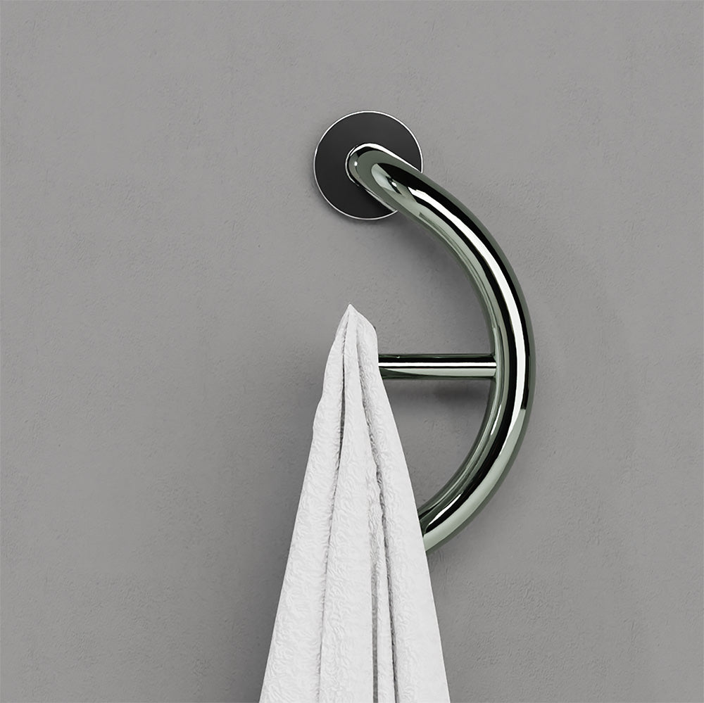 Chrome curved robe hook with round backplate for wall mounting and hanging towel