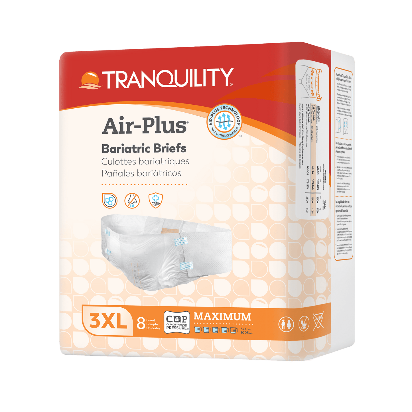 Tranquility Air-Plus bariatric briefs 3XL, 8-count pack box