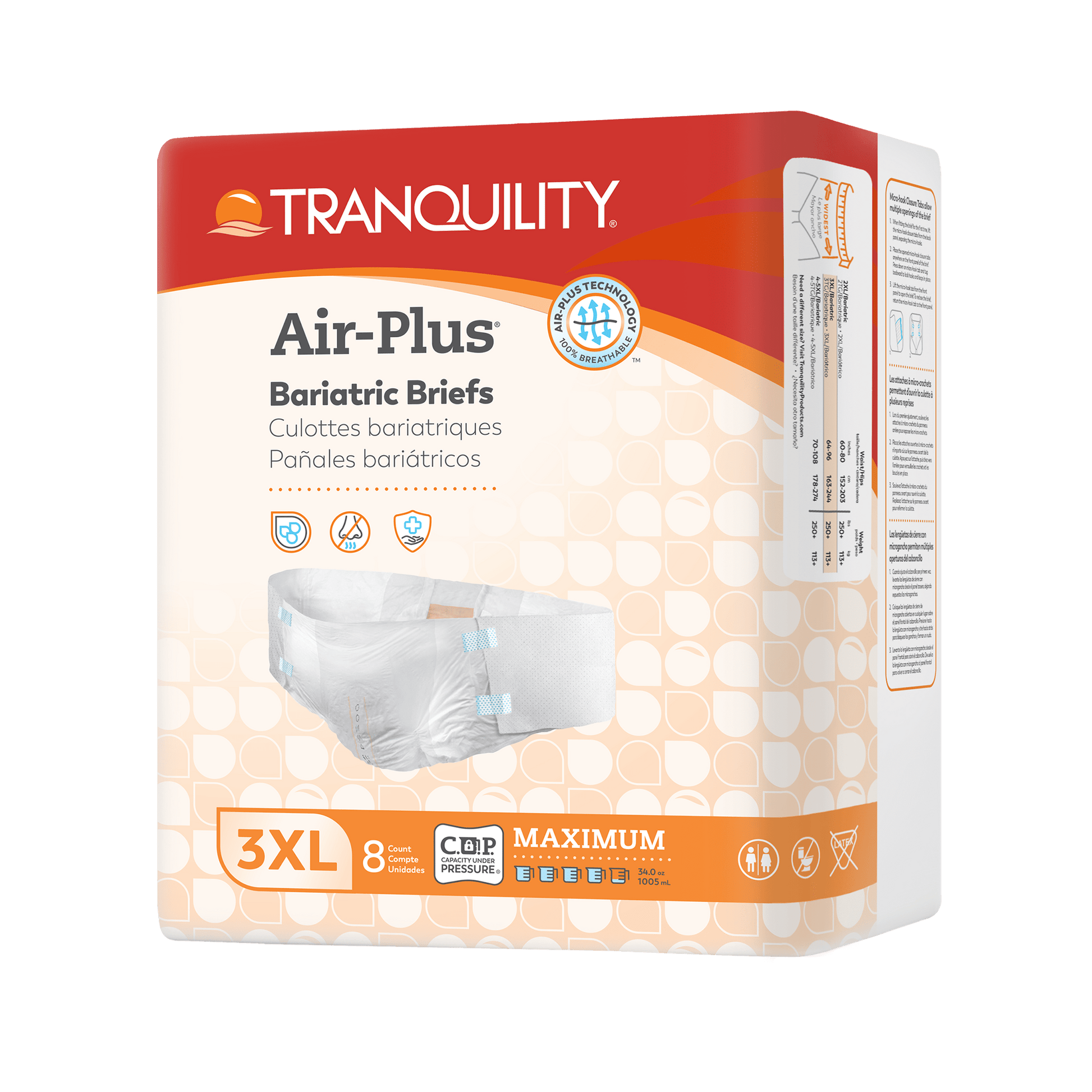 Tranquility Air-Plus bariatric briefs 3XL, 8-count pack box