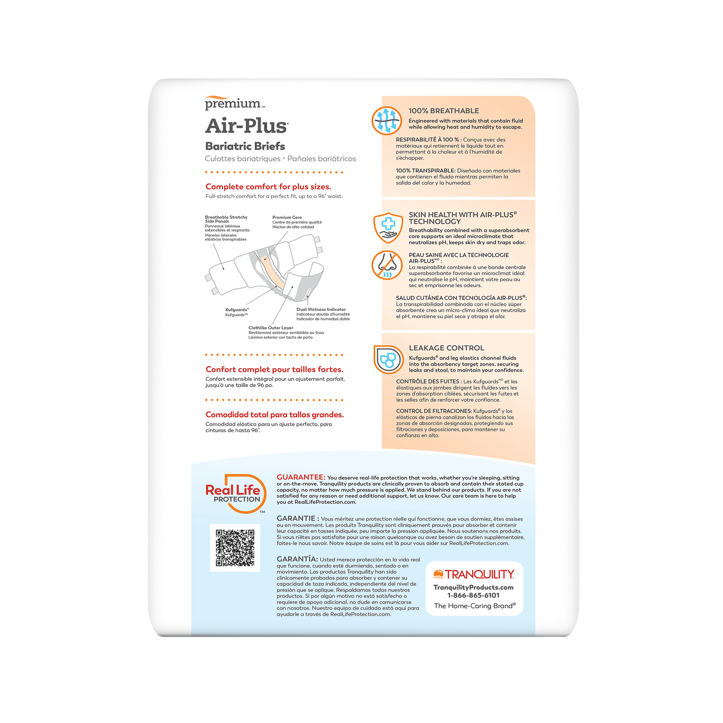 Tranquility Air-Plus bariatric briefs 3XL back panel with features and instructions